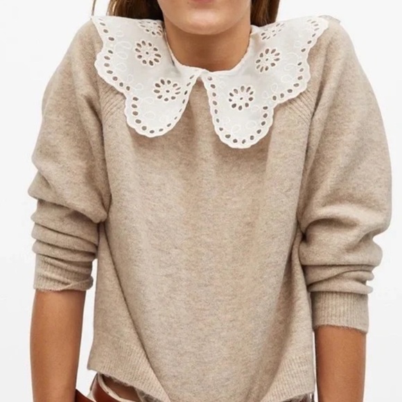 Mango Baby Doll Neck Sweater Pilgrim Collar Cottagecore Wool Blend NEW - Picture 1 of 6